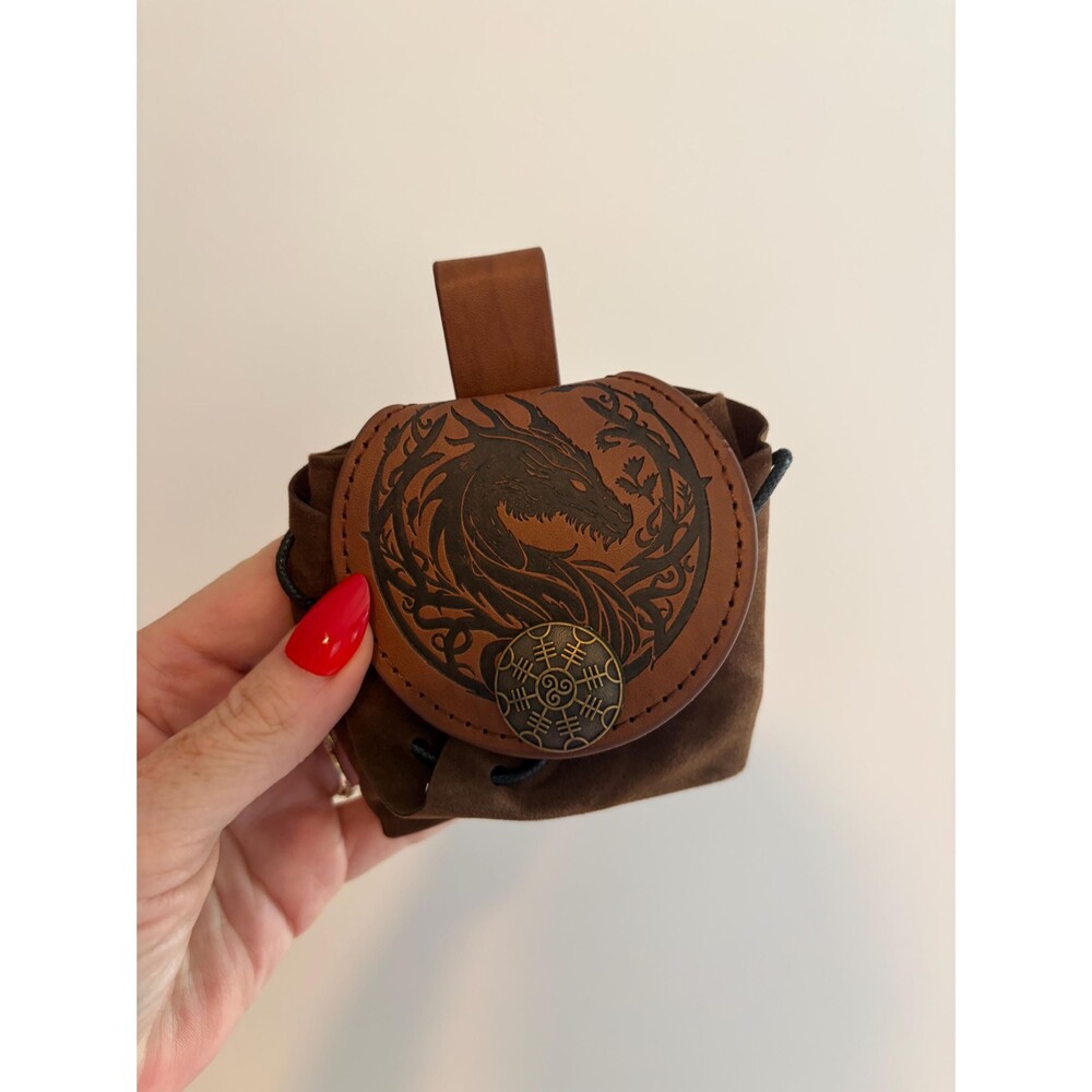 Handmade Celtic Dragon Leather Pouch – Viking Norse Belt Bag, Suede Drawstring P